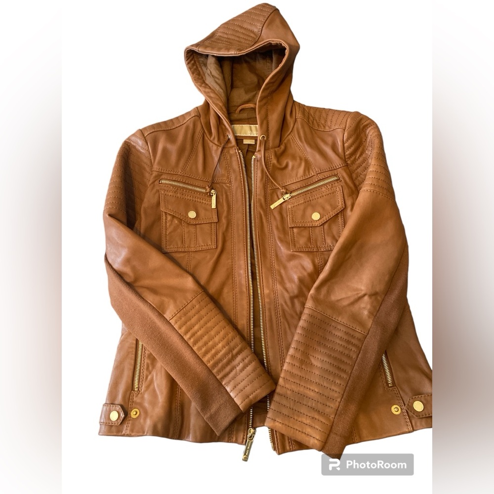 Michael Kors genuine leather dark tan / brown jacket.